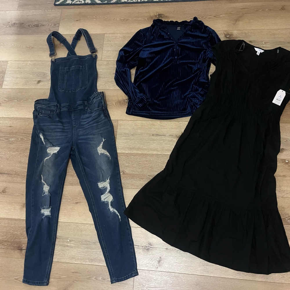 KanCan Blue Denim Overalls and Black Dress and Blue Shirt Women’s 3 Piece Lot